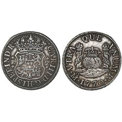 Mexico City, Mexico, pillar 2 reales, Charles III, 1770M, rare.