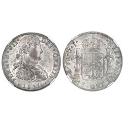 Mexico City, Mexico, bust 8 reales, Ferdinand VII transitional ("armored" bust), 1811HJ, NGC AU 58.