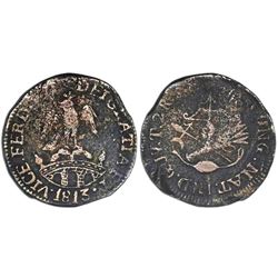 Tlalpujahua, Mexico (National Congress), copper 2 reales, Ferdinand VII, 1813, NGC VF details / envi