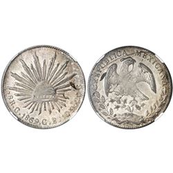 Culiacan, Mexico, cap-and-rays 8 reales, 1869CE, NGC MS 63.
