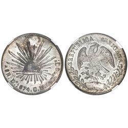 Durango, Mexico, cap-and-rays 8 reales, 1874CM, NGC MS 61, Resplandores Plate Coin.