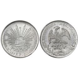 Zacatecas, Mexico, cap-and-rays 8 reales, 1893FZ, NGC MS 64.