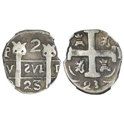 Leon, Nicaragua, provisional "imitation cob" 2 reales, 1823-PMPY, "owl face" ornaments atop pillars,