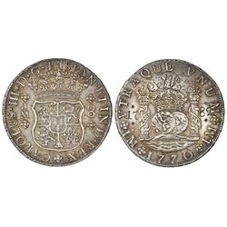 Lima, Peru, pillar 8 reales, Charles III, 1770JM, dot over left mintmark only, engraved with script-