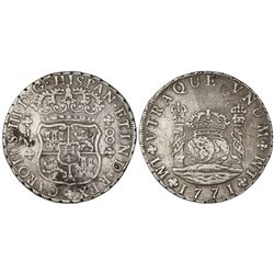 Lima, Peru, pillar 8 reales, Charles III, 1771JM, dot over left mintmark only.