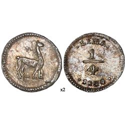 Lima, Peru, 1/4 real, 1834/3, NGC MS 62, finest and only example in NGC census.