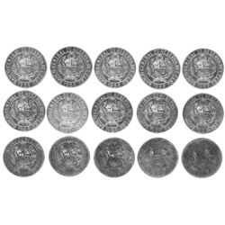 Lot of fifteen Peru, copper-nickel 5 soles, 1969, strike-pressure progression set, unique.