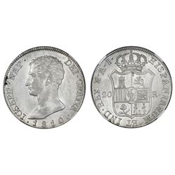 Madrid, Spain, 20 reales de vellon, Joseph Napoleon, 1810AI, large eagle, NGC AU 58.
