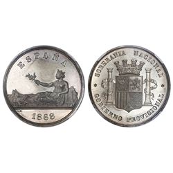 Madrid, Spain, proof silver pattern 5 pesetas, 1868, NGC PF 63, finest and only example in NGC censu