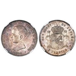 Madrid, Spain, 5 pesetas, Alfonso XIII, 1888MP-M, with 18-88 inside six-point stars, NGC MS 62.