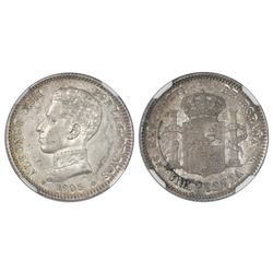 Madrid, Spain, 1 peseta, Alfonso XIII, 1905SMV with 19-05 inside stars, rare, NGC MS 63.