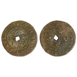 Dominica, three halfpence, ca. 1798, diamond-shaped hole punch in center of a French Cayenne copper