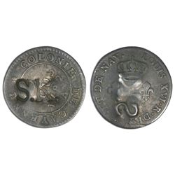 St. Kitts, three halfpence, ca. 1801, incuse S.K. countermark on the reverse of a French Cayenne cop