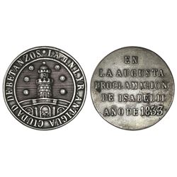 Betanzos, Spain, small silver proclamation medal, Isabel II, 1833.