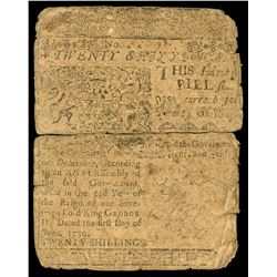 Delaware, 20 shillings, June 1, 1759, serial 5279, printed by Benjamin Franklin.