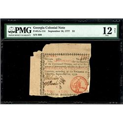 Georgia, $1, Sept. 10, 1777, serial 600, red "in," PMG Fine 12 net / backed.