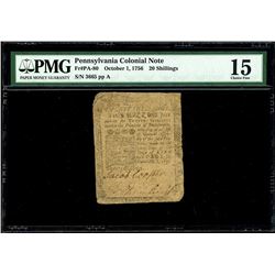 Pennsylvania, 20 shillings, Oct. 1, 1756, serial 3665, plate A, printed by Benjamin Franklin, PMG Fi