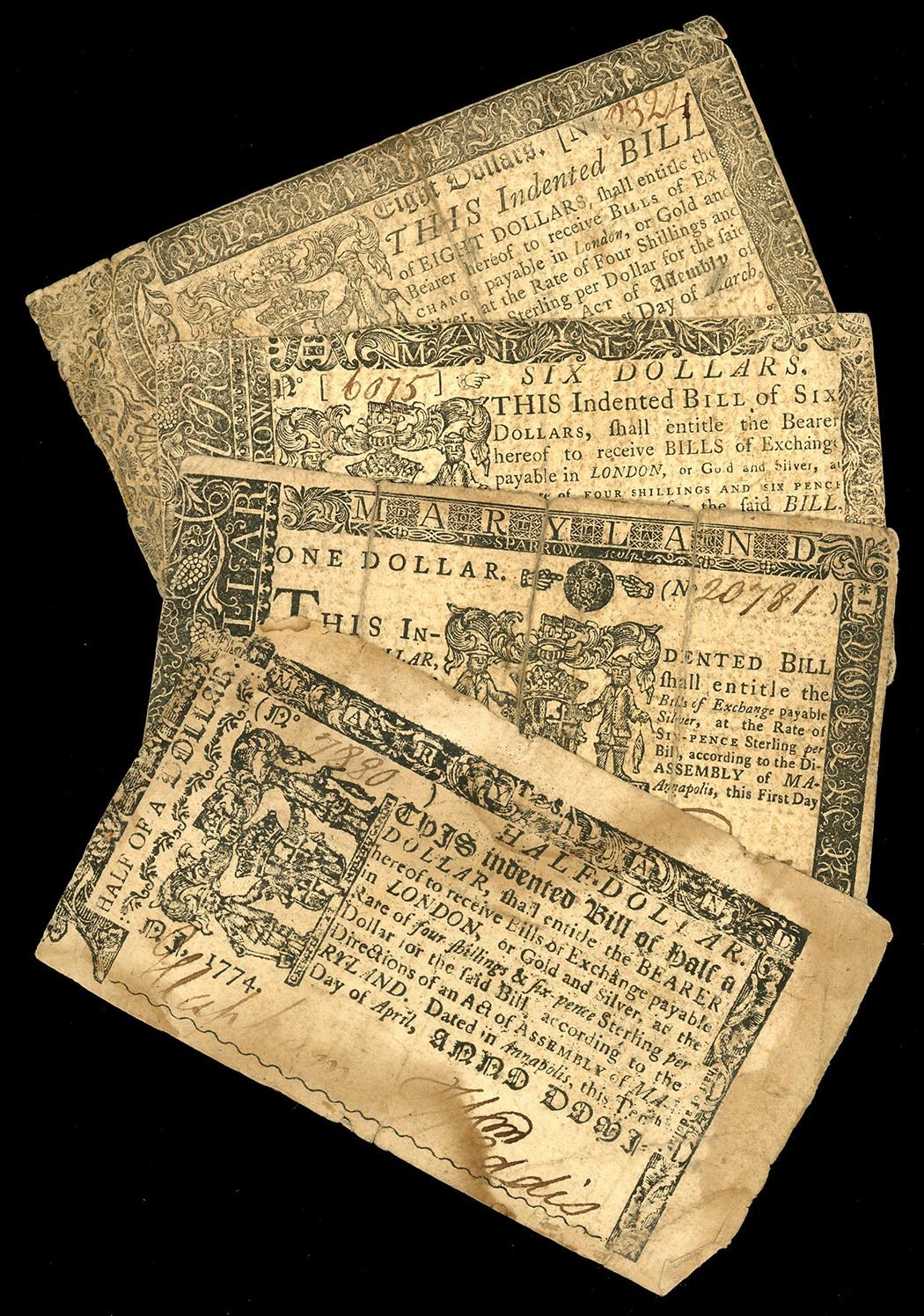 Lot of four Annapolis, Maryland colonial notes: $8, March 1, 1770 ...