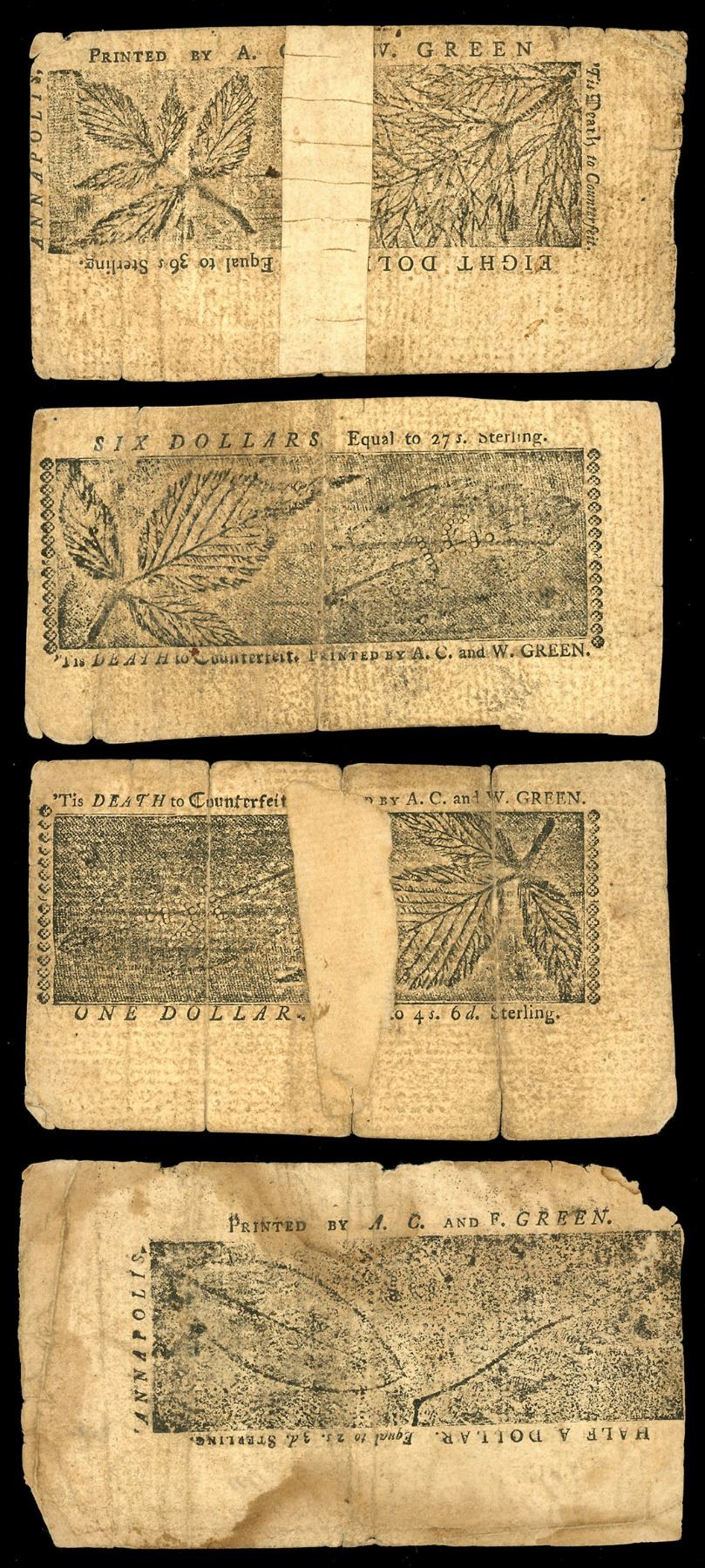 Lot of four Annapolis, Maryland colonial notes: $8, March 1, 1770 ...