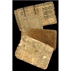 Lot of four colonial notes: Maryland, 1/6 dollar, March 1, 1770, serial 17707; New York, 5 pounds, A