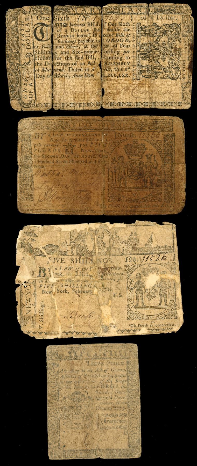 Lot of four colonial notes: Maryland, 1/6 dollar, March 1, 1770, serial ...