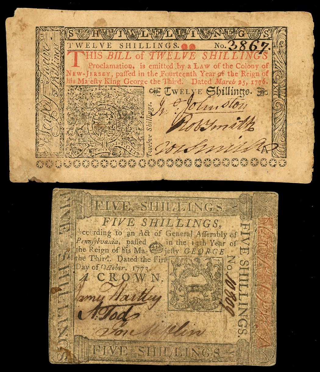 Lot of two colonial notes: New Jersey, 12 shillings, March 25, 1776 ...