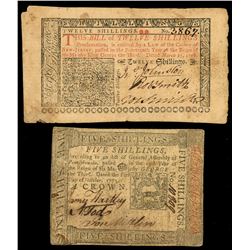 Lot of two colonial notes: New Jersey, 12 shillings, March 25, 1776, serial 3867, and Pennsylvania, 