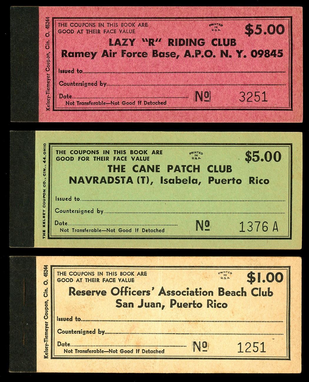 Lot Of Three Puerto Rico, Military Chit Booklets, Various Denominations, Ca. Mid-1900S, Ex ...