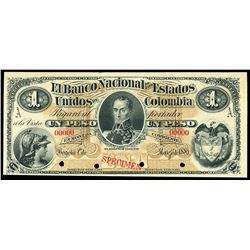 Bogota, Colombia, Banco Nacional de los Estados Unidos, 1 peso specimen, 1-3-1881, series A.