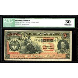 Bogota, Colombia, Banco Nacional, 5 pesos, 4-3-1895, series A, serial 1005382, ICG VF 30.