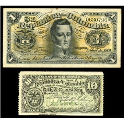 Lot of two Bogota, Colombia notes: Republica de Colombia, 1 peso, 1904, serial 0630796; Banco Nacion