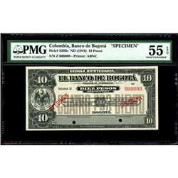 Bogota, Colombia, Banco de Bogota, 10 pesos specimen, no date (1919), series Z, PMG AU 55 EPQ.