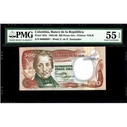 Bogota, Colombia, Banco de la Republica, 500 pesos oro, 20-7-1986, serial 00000907, PMG AU 55 EPQ.
