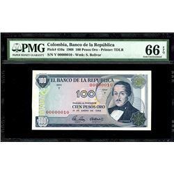 Bogota, Colombia, Banco de la Republica, 100 pesos oro, 1-1-1968, series Y, serial 00000010, PMG Gem