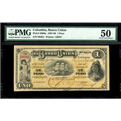Cartagena, Colombia, Banco Union, 1 peso, 9-1-1888, serial 68264, PMG AU 50, finest known in PMG cen