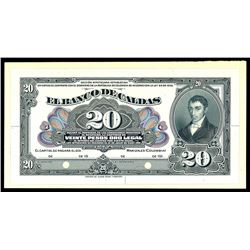 Manizales, Colombia, Banco de Caldas, 20 pesos front proof, no date (1910s).