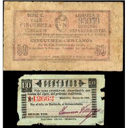 Lot of two Medellin, Colombia, Departamento de Antioquia, 1901 notes: 50 centavos, series C, serial