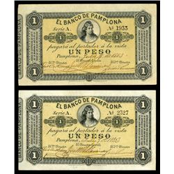 Lot of two Pamplona, Colombia, Banco de Pamplona, 1 peso, 6-7-1883, series A: serial 1933; serial 23