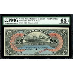 San Jose, Costa Rica, Banco de La Union, 25 pesos specimen, 1-5-1889, series A, PMG Choice UNC 63 EP