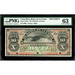 San Jose, Costa Rica, Banco de La Union, 10 pesos specimen, 18XX (1886-89), PMG Choice UNC 63.