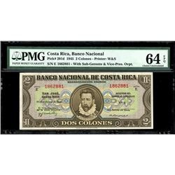 San Jose, Costa Rica, Banco Nacional, 2 colones, 28-2-1945, series E, serial 1862881, PMG Choice UNC