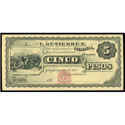 Merida, Mexico, L. Gutierrez, 5 pesos, 188X (1880s).