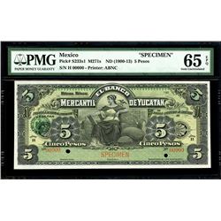 Merida, Mexico, Banco Mercantil de Yucatan, 5 pesos specimen, 190X (1900-13), series H, PMG Gem UNC