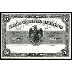 Mexico City, Mexico, Banco Nacional Mexicano, 5 pesos front proof, 18XX (1882).