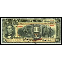 Mexico City, Mexico, Banco Londres y Mexico, 10 pesos specimen, 1-10-1913, series I.