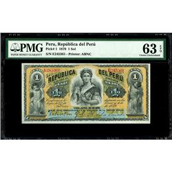 Lima, Peru, 1 sol, 30-6-1879, serial E245361, PMG Choice UNC 63 EPQ.