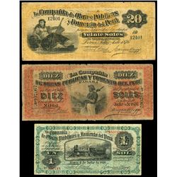 Lot of three Lima, Peru, Compania de Obras Publicas y Formento del Peru, 4-7-1876, series A notes: 2