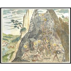 German copperplate engraving by Theodore de Bry showing natives working the mine inside the mountain