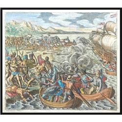 German copperplate engraving by Theodore de Bry showing Amerigo Vespucci attacking natives in South 