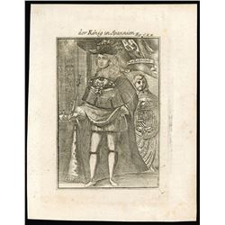 French copperplate engraving of King Charles II of Spain by A.M. Mallet titled "der Konig in Spannie